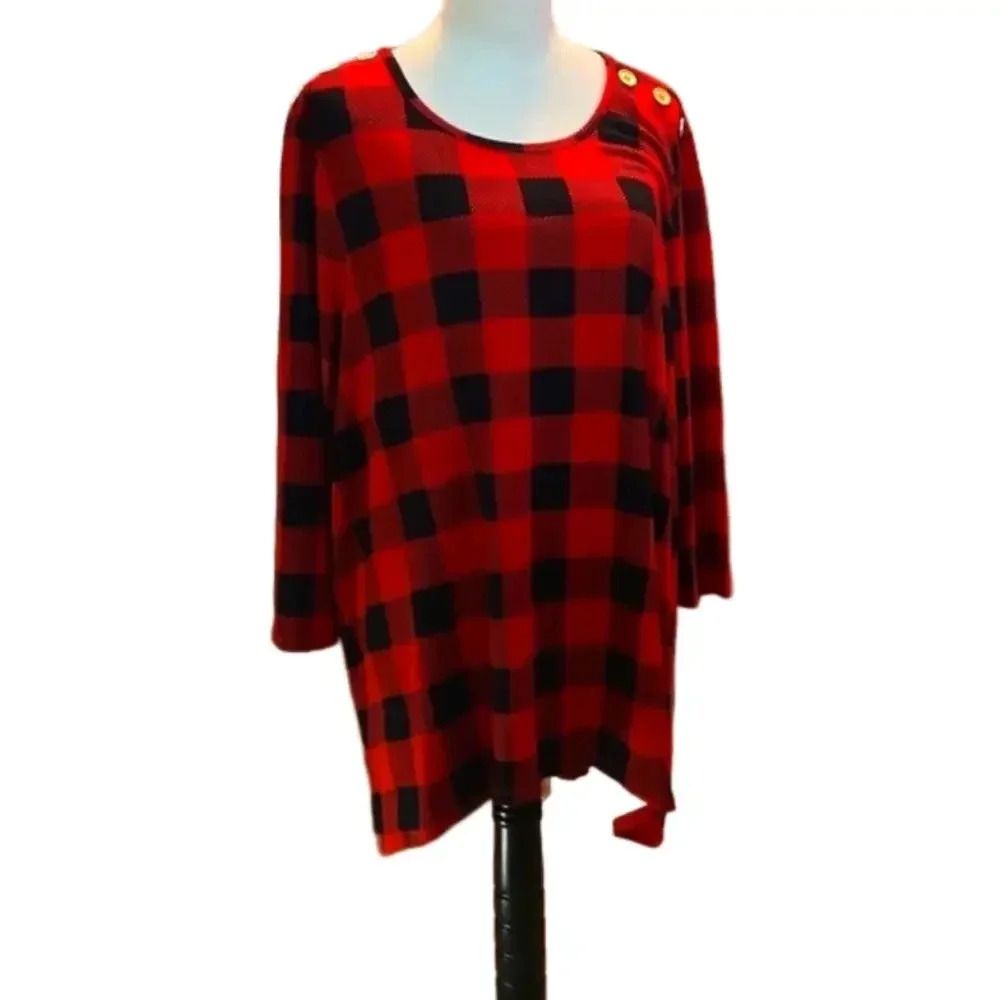 Kim Rogers 2X Red Black Buffalo Plaid Hi-Lo Pullover Top w/ Shoulder Buttons - Picture 1 of 12